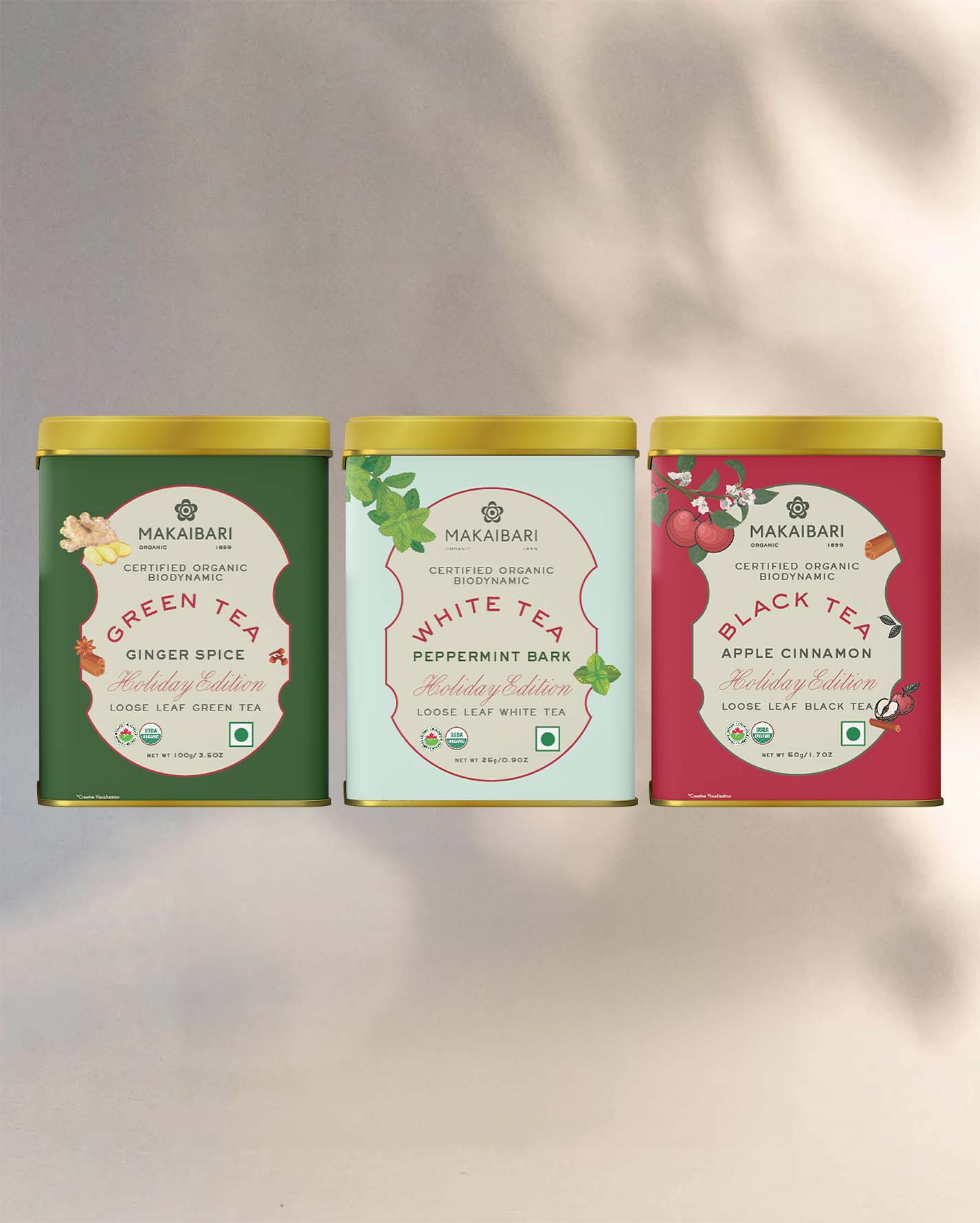 Holiday Edition TRIO ASSORTMENT : Apple Cinnamon Black Tea + Ginger Spice Green Tea + White Peppermint Bark - MAKAIBARI TEA