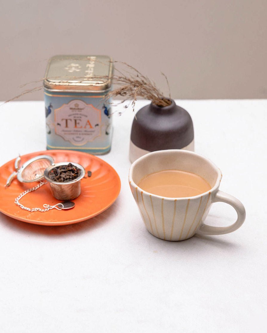 Organic Tea Cups With Hand Painted Stripes - 1 Pc - MAKAIBARI TEA