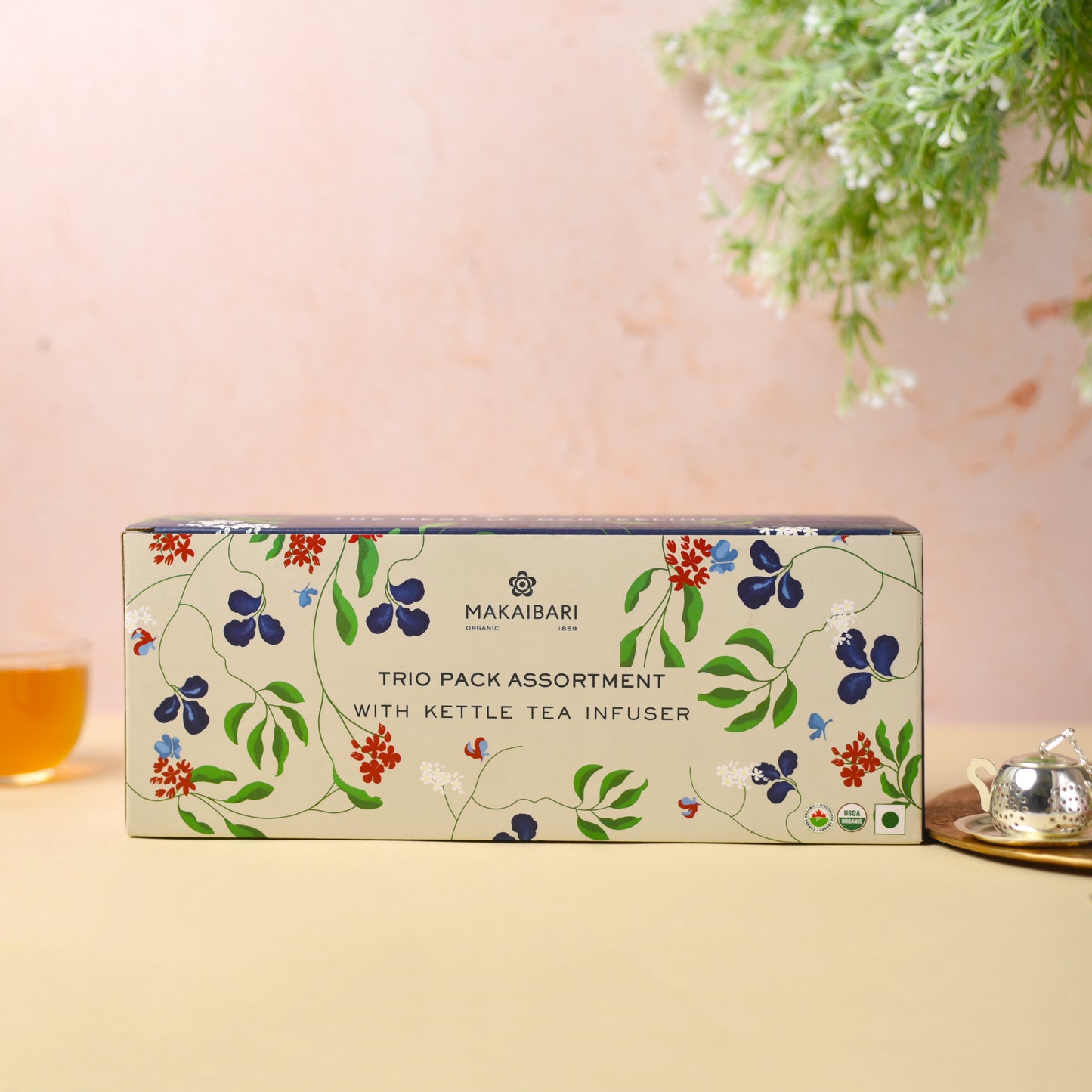 Makaibari Gift Pack Trio Assortment with Infuser - Pack Of 3 Loose Teas in Metal Caddy and Kettle Tea Infuser